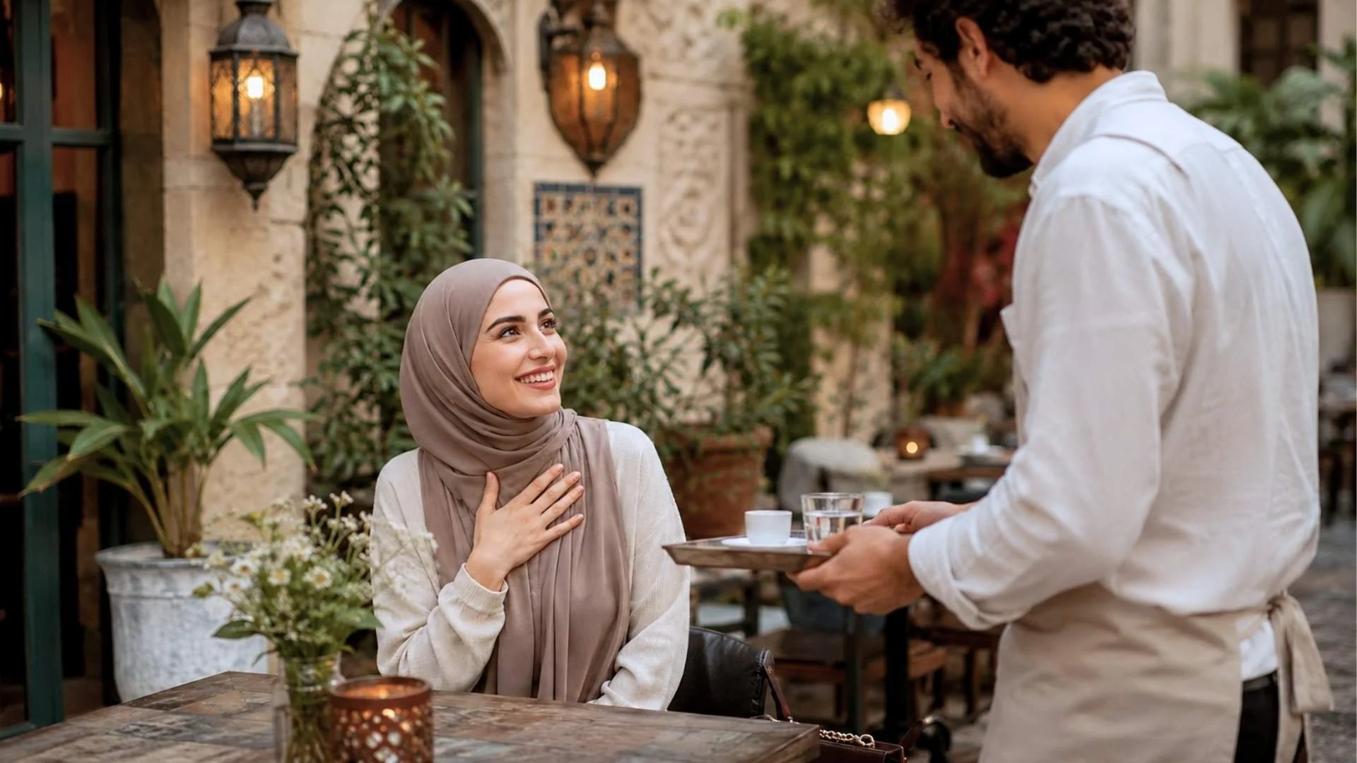 Woman in hijab saying thank you to a waiter in a cozy Middle Eastern café, showing the Arabic word shukran.