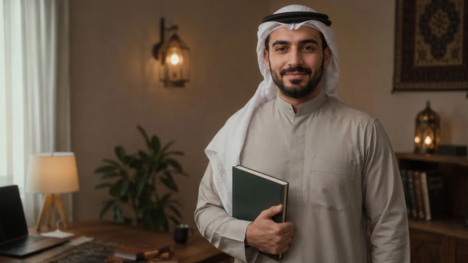 Khaleeji Arabic tutor holding a closed textbook in a cozy office, encouraging beginners to keep learning Arabic.