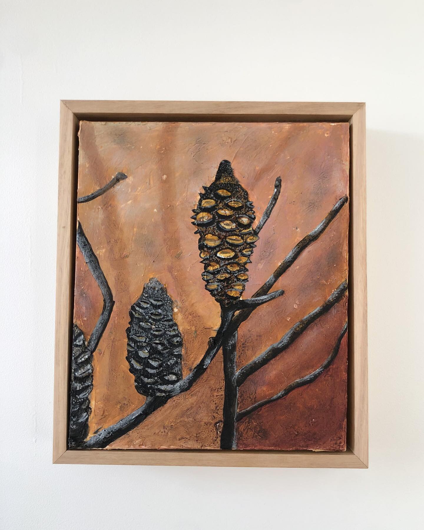 Burn and Bloom
.
Acrylic on canvas beautifully framed in Tasmanian oak
34 x 29cm
.
A flora study in a bit of a different colour palette from my usual work. Looking at the process of seed germination after fire.
.
This piece was a part of a series of 