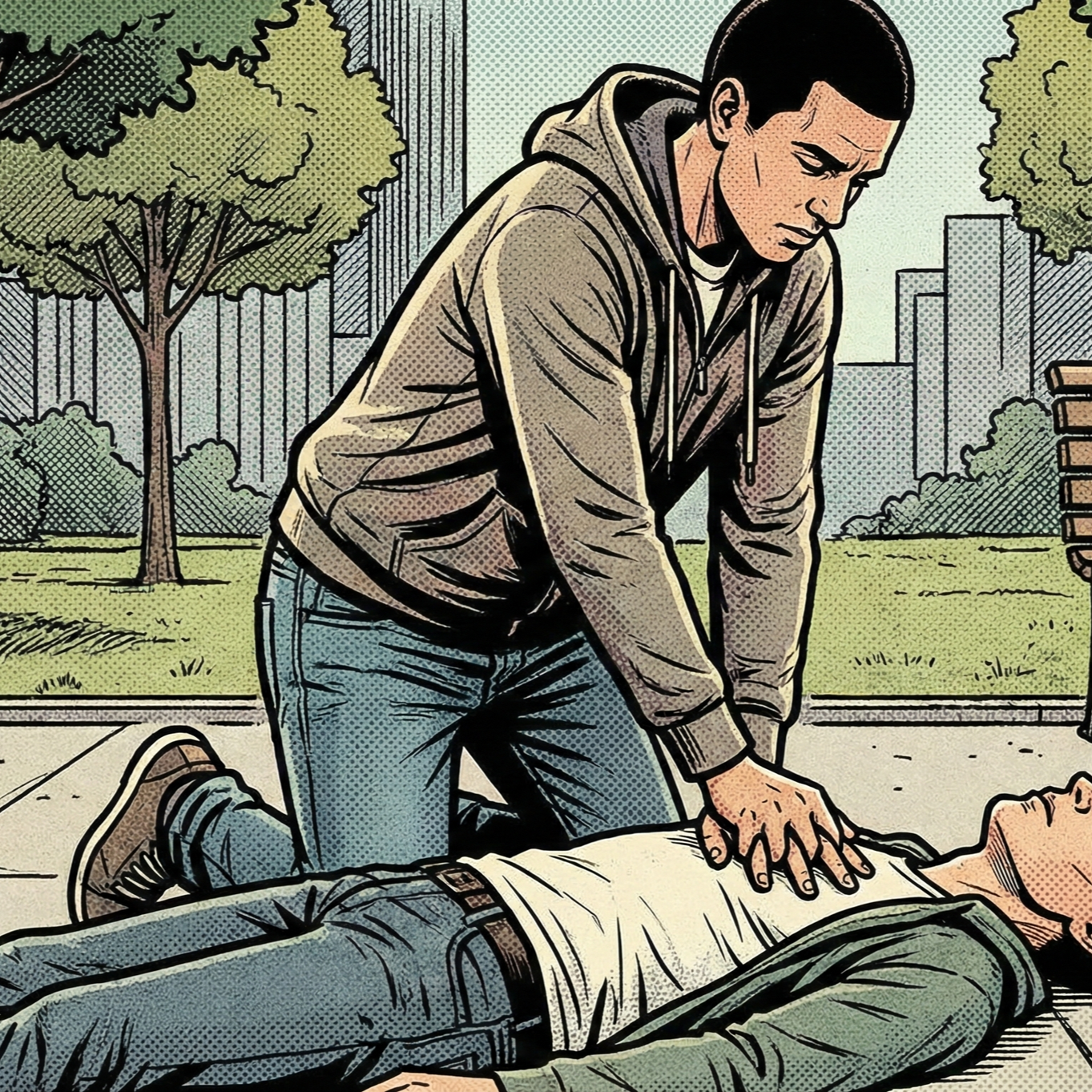A young man kneels beside and performs CPR on a person lying on the ground in a park with trees and city buildings in the background.
