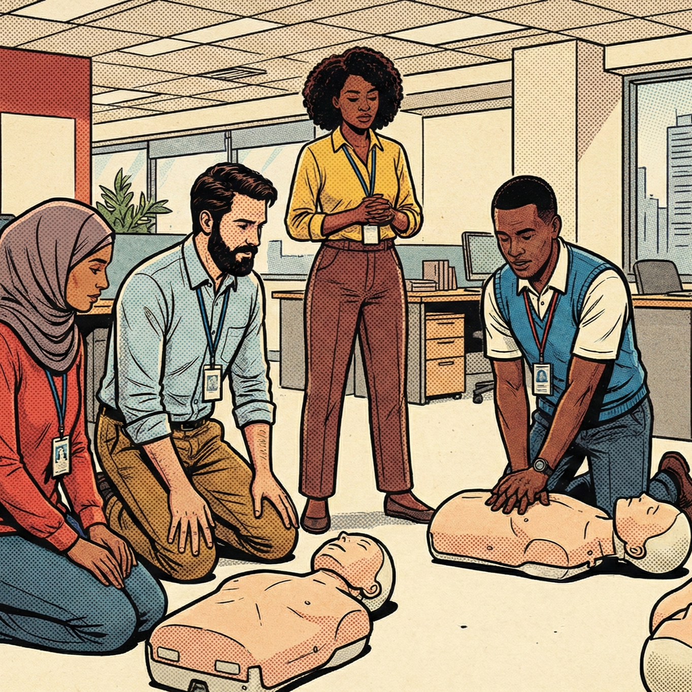 A diverse group of four people practicing CPR on mannequins in an office setting, with two kneeling and one standing.