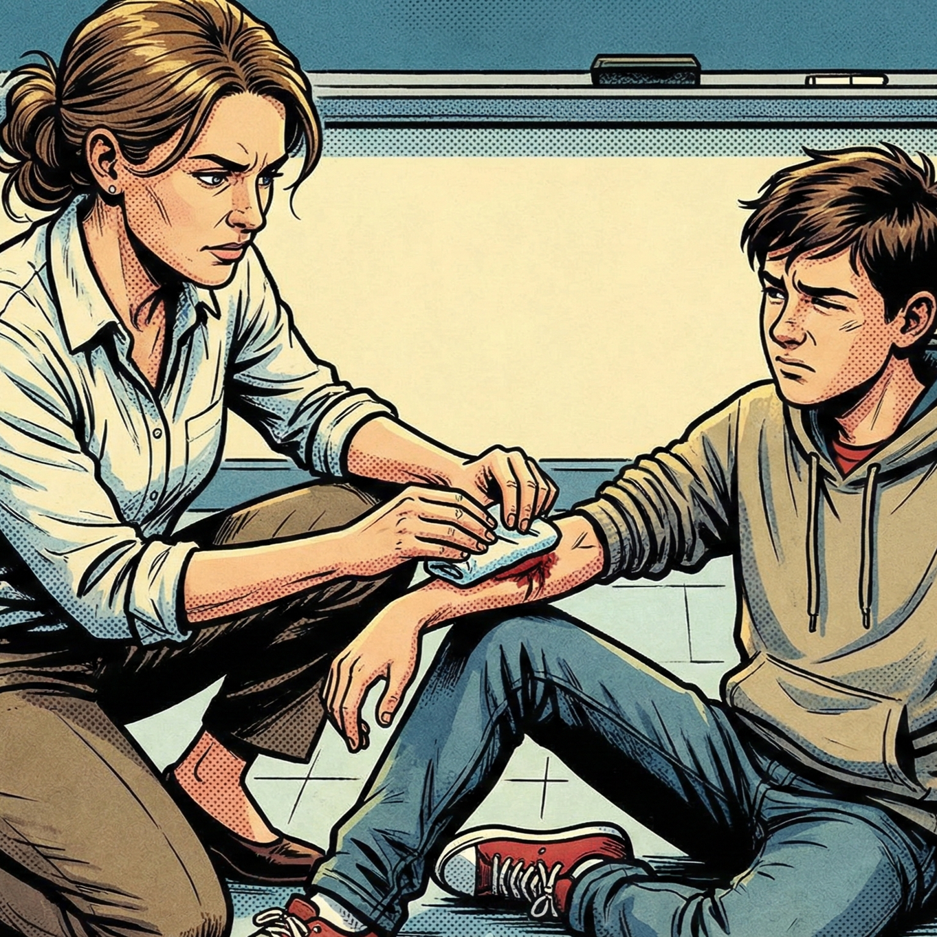 A woman in a white shirt bandages a boy's arm, which has a bloodied wound, in a comic-style illustration.