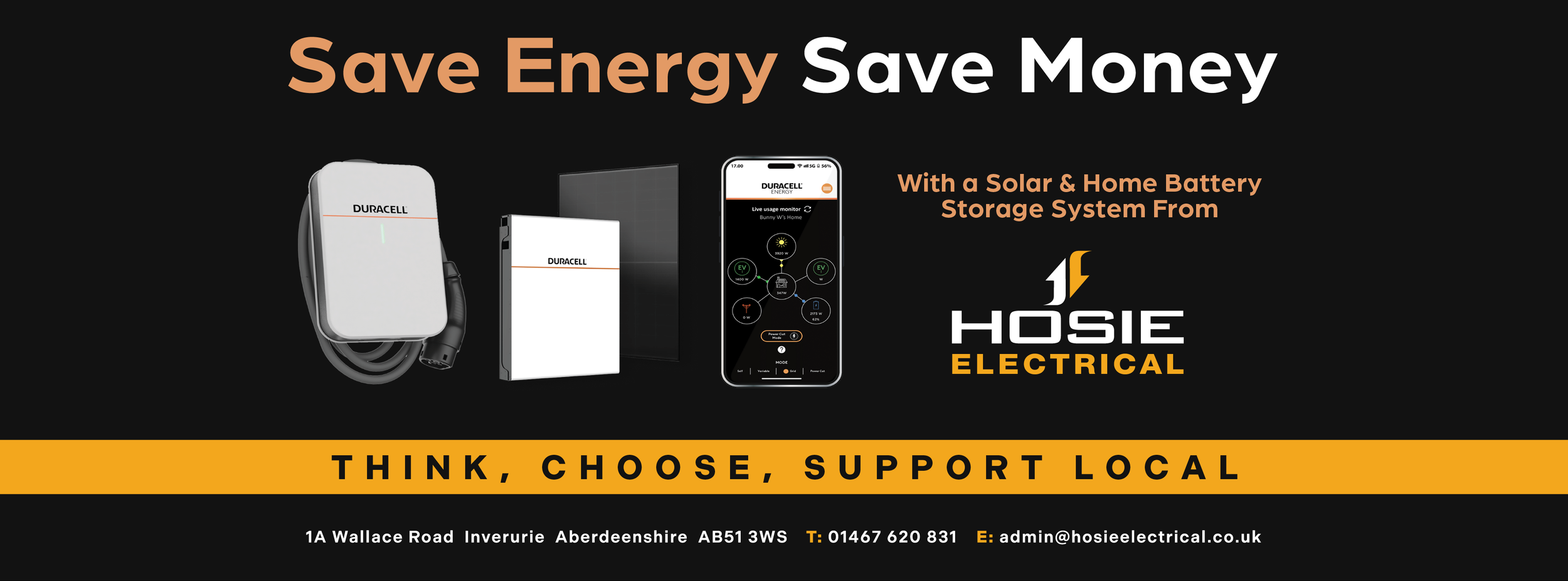 Advertisement for Hosie Electrical featuring Duracell solar and home battery storage products, energy app interface, and contact information.