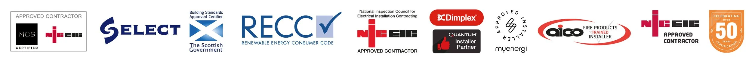 A collection of certification and approval logos including NICEIC, RECC, SELECT, Dimplex, and others related to contractors, energy standards, and safety compliance.