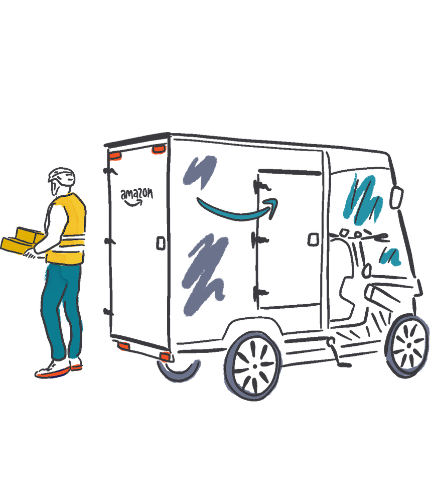 Illustration of a man holding a package next to a micro electric delivery van