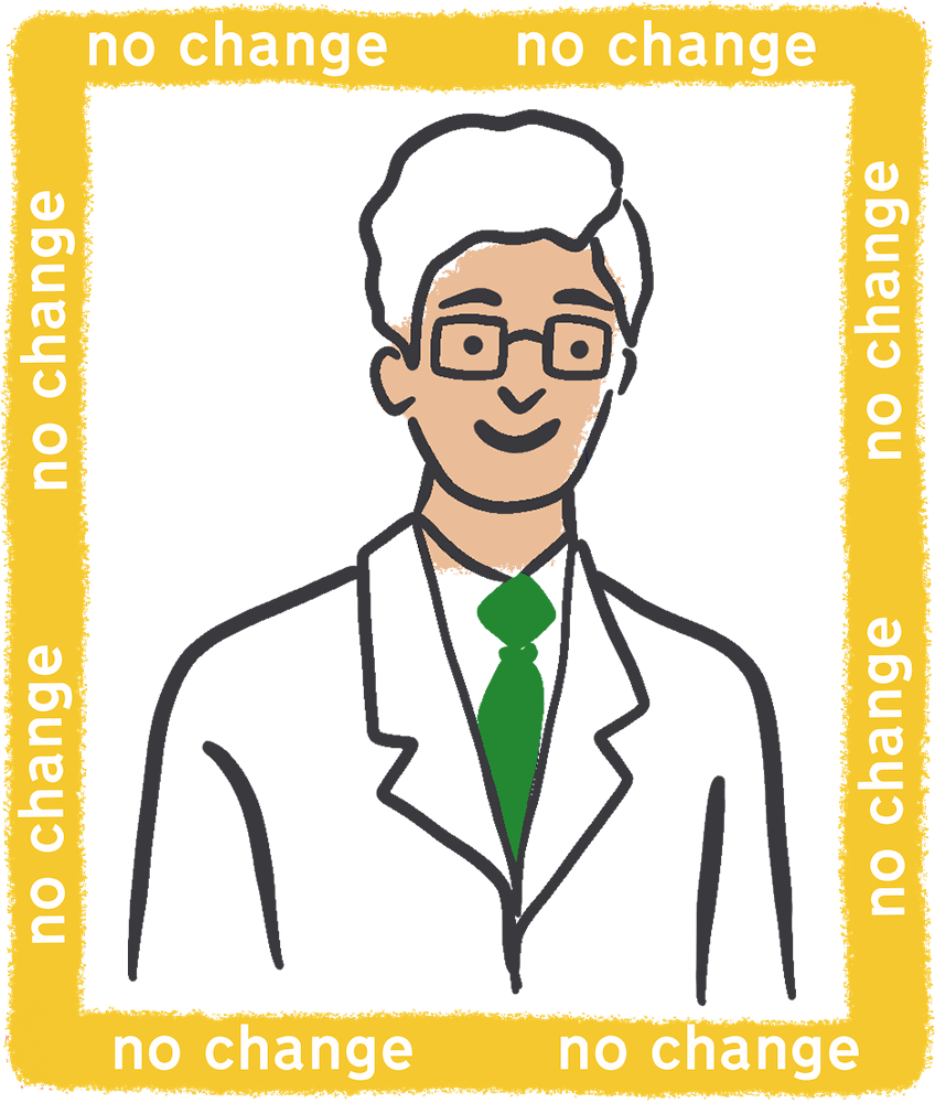 An illustration of a man with glasses and wearing a suit surrounded by a square that says "no change"