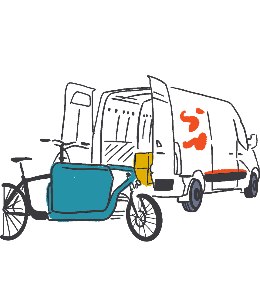 Illustration of packages being moved from a delivery van to a cargo bike