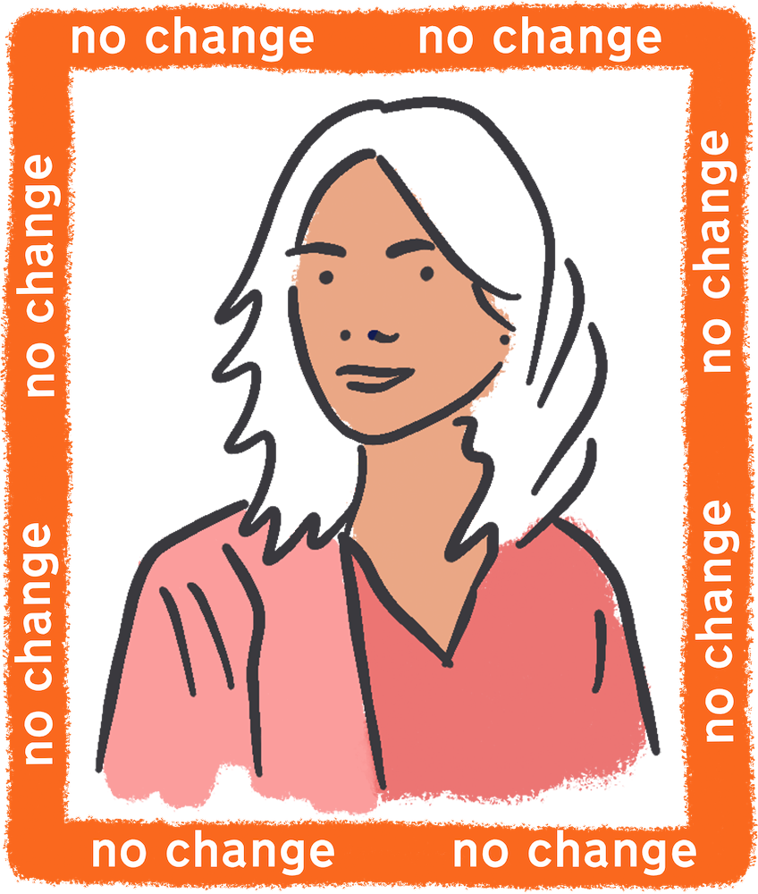 Illustration of a woman with long hair and a pink shirt surrounded by a square that says "no change"