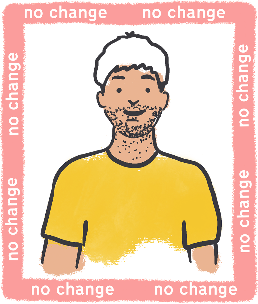 An illustration of a man with a scruffy beard and a yellow t-shirt surrounded by a square that says "no change"