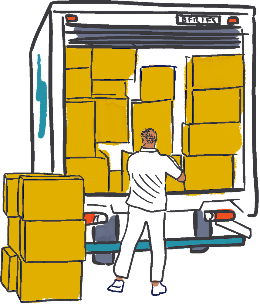 Illustration of a man unloading boxes from a delivery truck