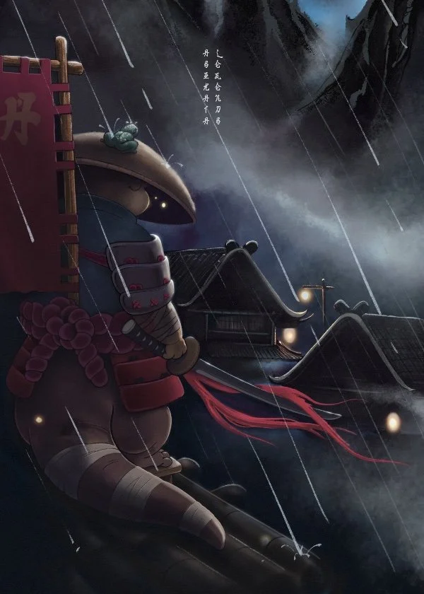 A warrior otter standing on the roof in the rain at night, wearing traditional armor and a wide-brimmed hat with a frog (kaeru) on it, in front of a traditional Japanese building with glowing lanterns and fireflies.