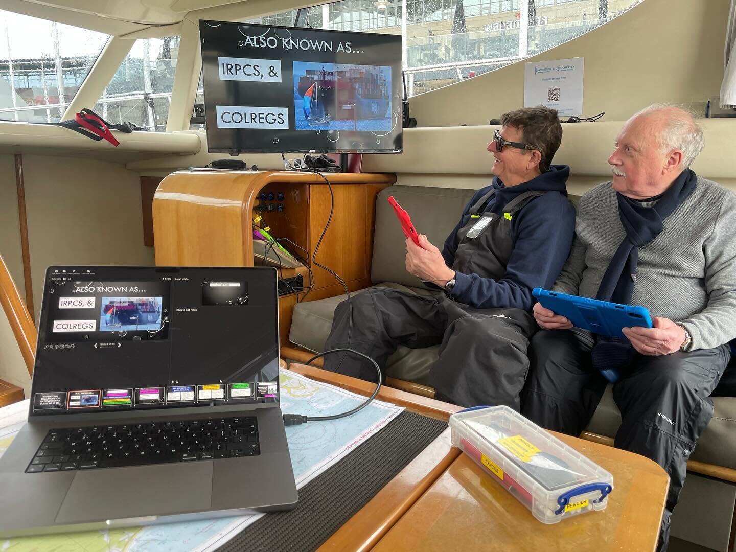 This week we&rsquo;ve been giving @portsmouth.chi.marine.training new digital devices a spin onboard &ldquo;Gabriele&rdquo;. When the rain 🌧️ kicks in hard, we&rsquo;ve got the best classroom in the Solent ❤️