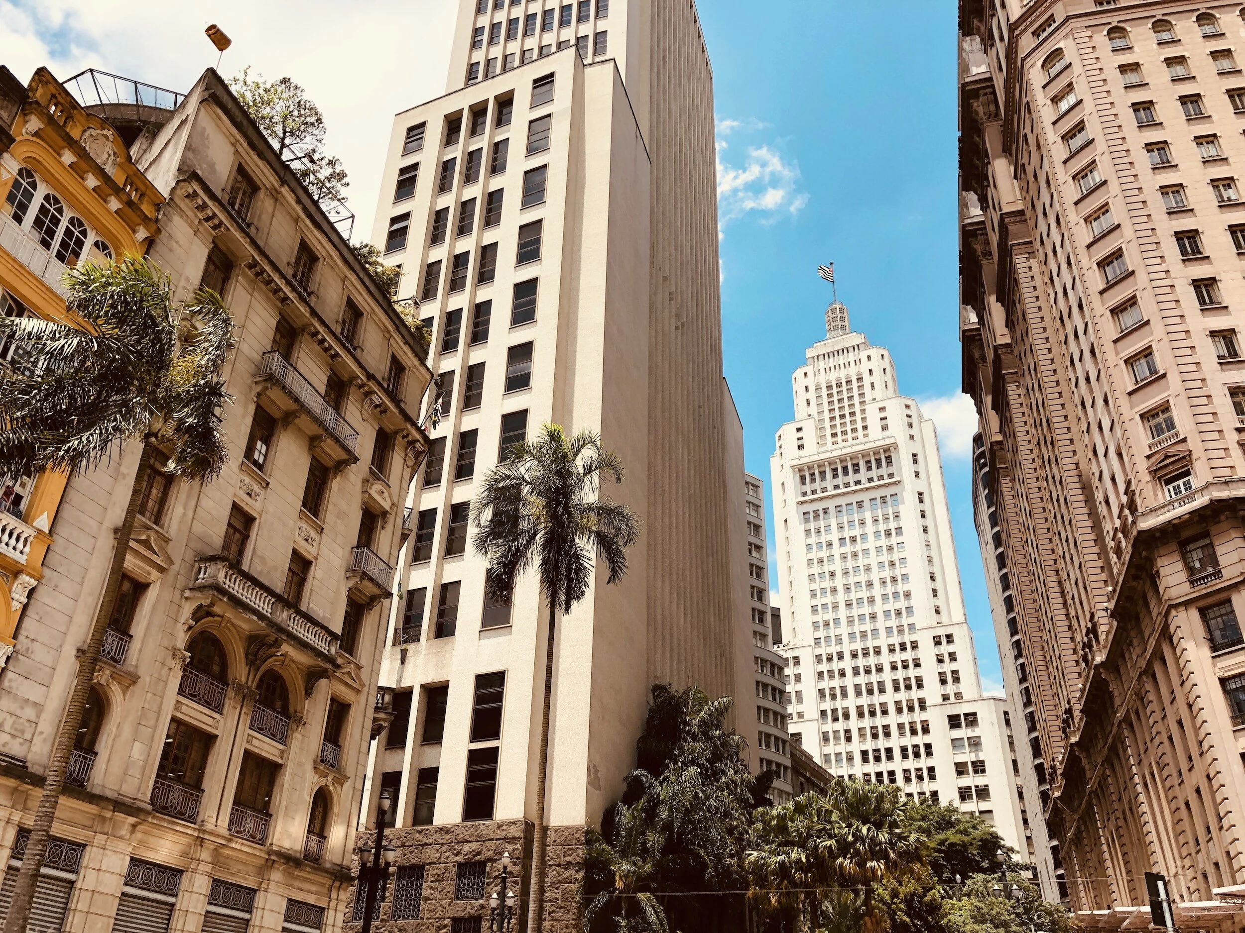 Tall skyscrapers and historic buildings with palm trees in a cityscape under a blue sky.