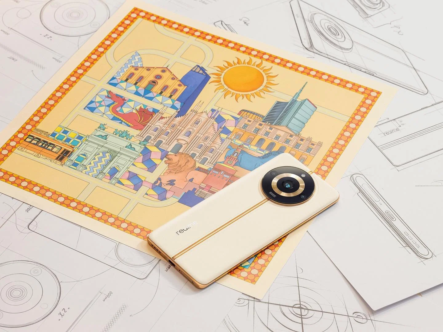 Portrays one of my fav #collab designing for @realmeglobal the look of #realme11pro series ✌️😎
Colors and shapes are inspired to the city of Milano. Swipe right to see my design sketches together with the &ldquo;sunrise beige&rdquo; coloured phone ?