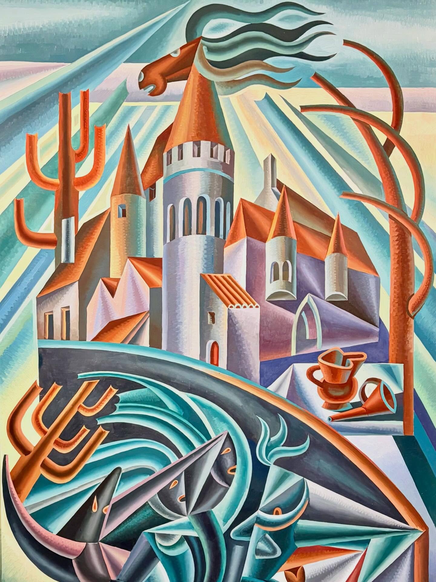An afternoon with #fortunatodepero 
🪐🐎
Opening with Cavalcata fantastica (1952): a monumental horse rising above a castle, set within geometric architecture and dynamic, sculptural forms.
Energy, momentum, and a forward drive &mdash; the horse as a