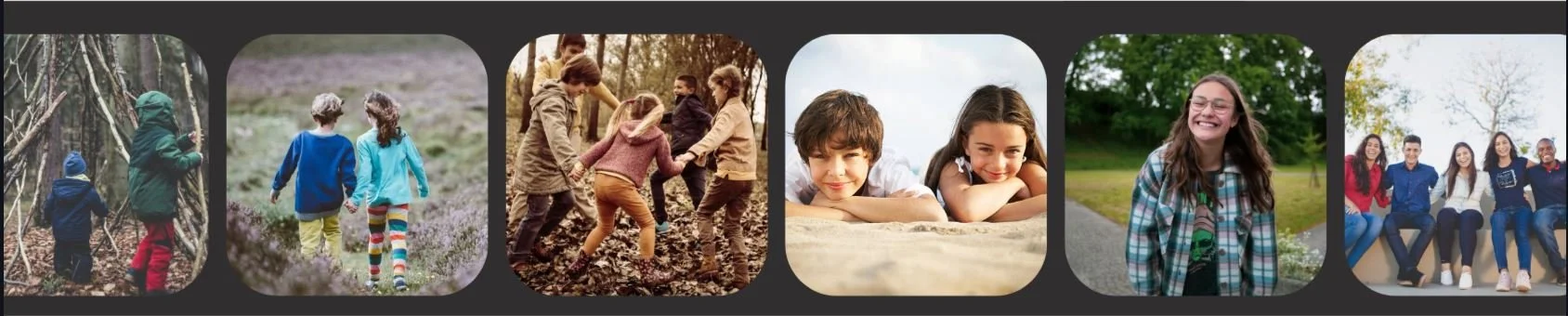 Crianças brincando ao ar livre em diferentes atividades na natureza, incluindo explorar uma floresta, caminhando por um campo de lavanda, jogando no parque e relaxando em ambientes externos.