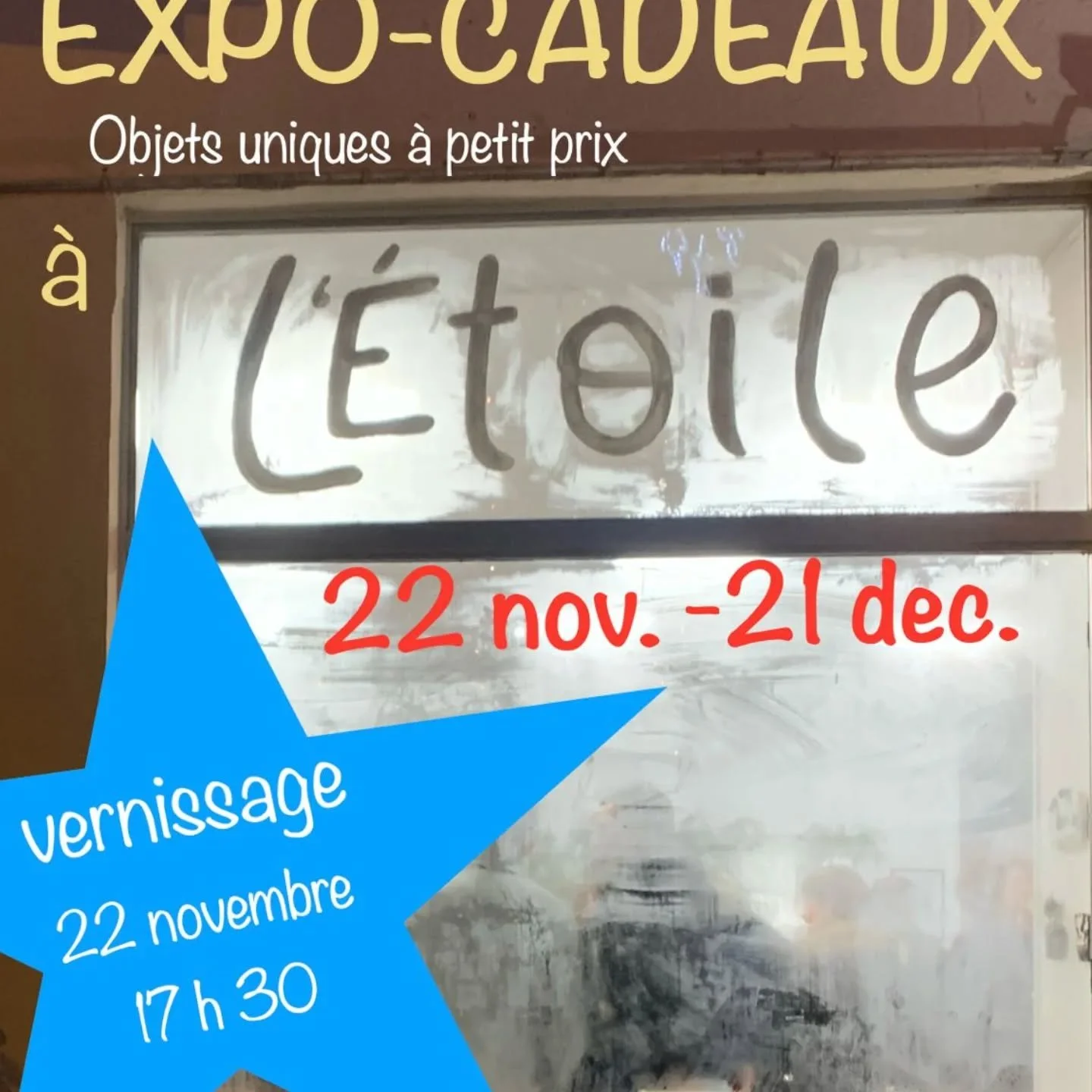 Je participe &agrave; cet Expo- cadeaux 
Objets uniques &agrave; petit prix.
Chez L' &Eacute;toile 
72 Rue Paul Barreau, Lormes
Horaires ouvertures: jeudi: 10-12.30 h.
Samedi : 10- 12.30 h et 15- 18 h.
Dimanche : 10- 12.30 h