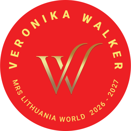 Red circular badge for the Veronika Walker Mrs Lithuania World 2026-2027 pageant, featuring a large gold 'W' in the center and yellow text around the edge