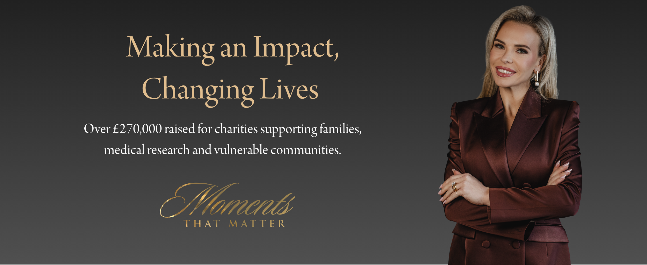 A woman with blonde hair wearing a burgundy suit, smiling and crossed arms, standing next to text about raising funds for charities.