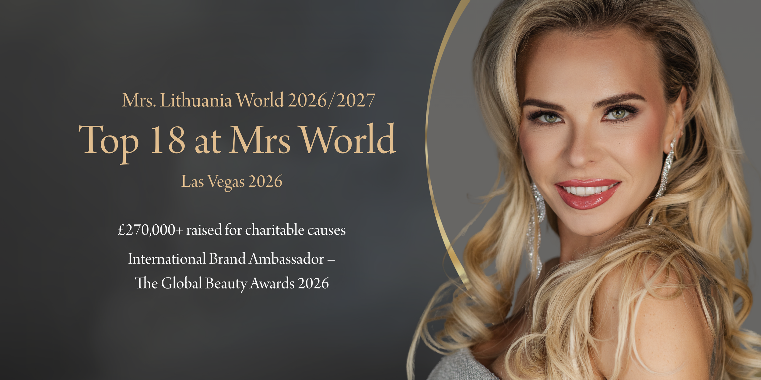 Promotional graphic for the Mrs. Lithuania World 2026/2027 event, featuring a woman with blonde hair and earrings, and text highlighting the top 18 contestants, charity fundraising, and awards in Las Vegas 2026.