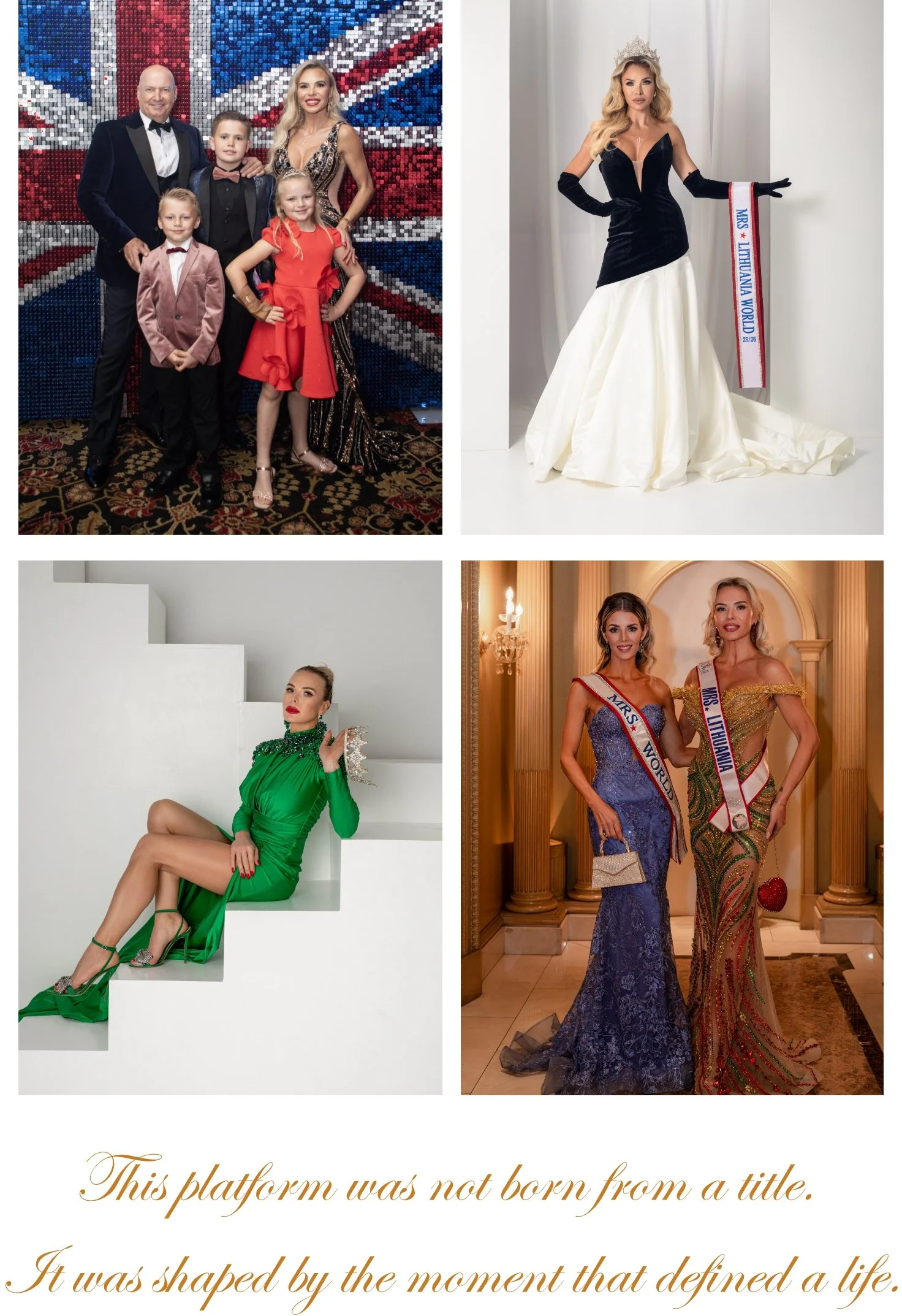 A collage of four images depicting pageant contestants and winners, with two women wearing crowns and sashes, one woman in a green gown, and a family celebrating at a formal event, with a quote at the bottom reading, "This platform was not born from a title. It was shaped by the moment that defined a life."