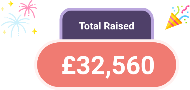 Celebratory graphic showing the total amount raised: £32,560, with fireworks and confetti.