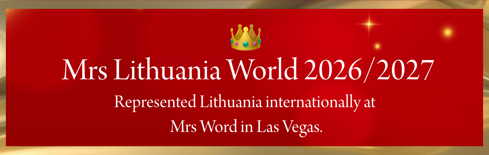 A red and gold banner with a crown graphic, announcing Mrs Lithuania's participation in Mrs. World 2026/2027, held in Las Vegas.