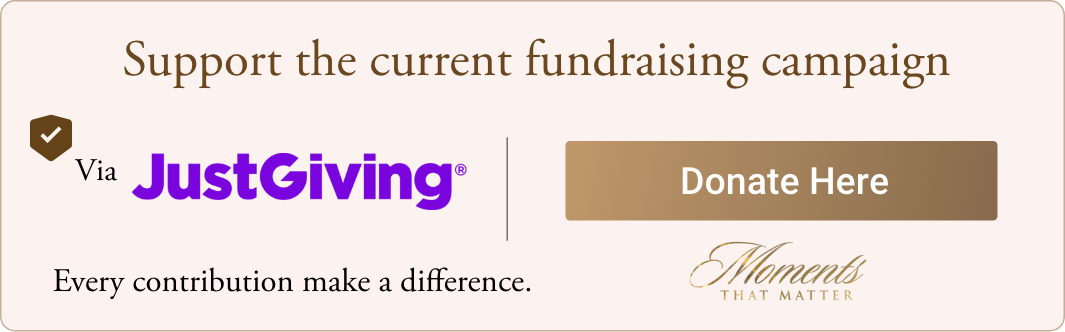 A fundraising banner encouraging donations through JustGiving with a 'Donate Here' button and text supporting the campaign.