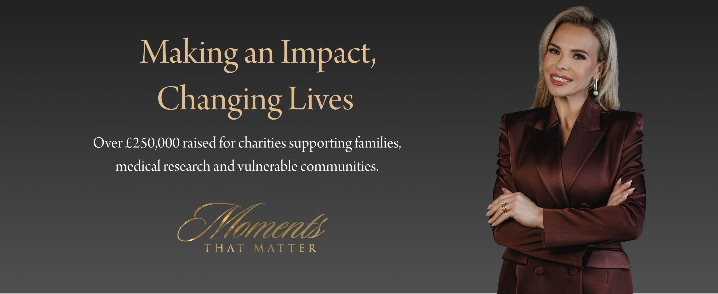 A professionally dressed woman with blonde hair and pearl earrings standing with her arms crossed against a dark background with beige text about making an impact through charity.