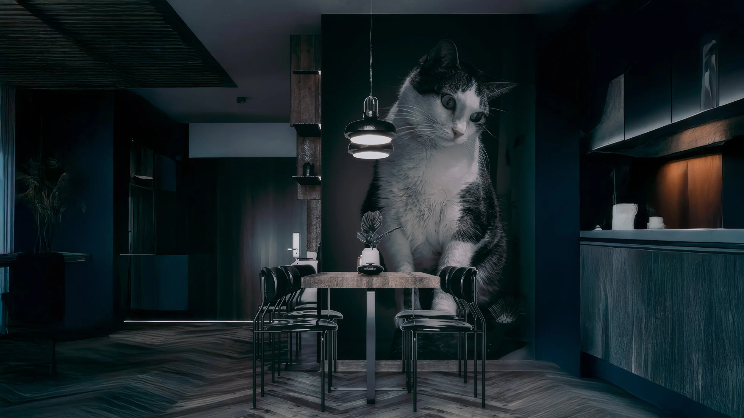 Interior of a modern dining room with a large mural of a black and white cat on the wall, dark-colored walls, wooden elements, and a dining table surrounded by black chairs.