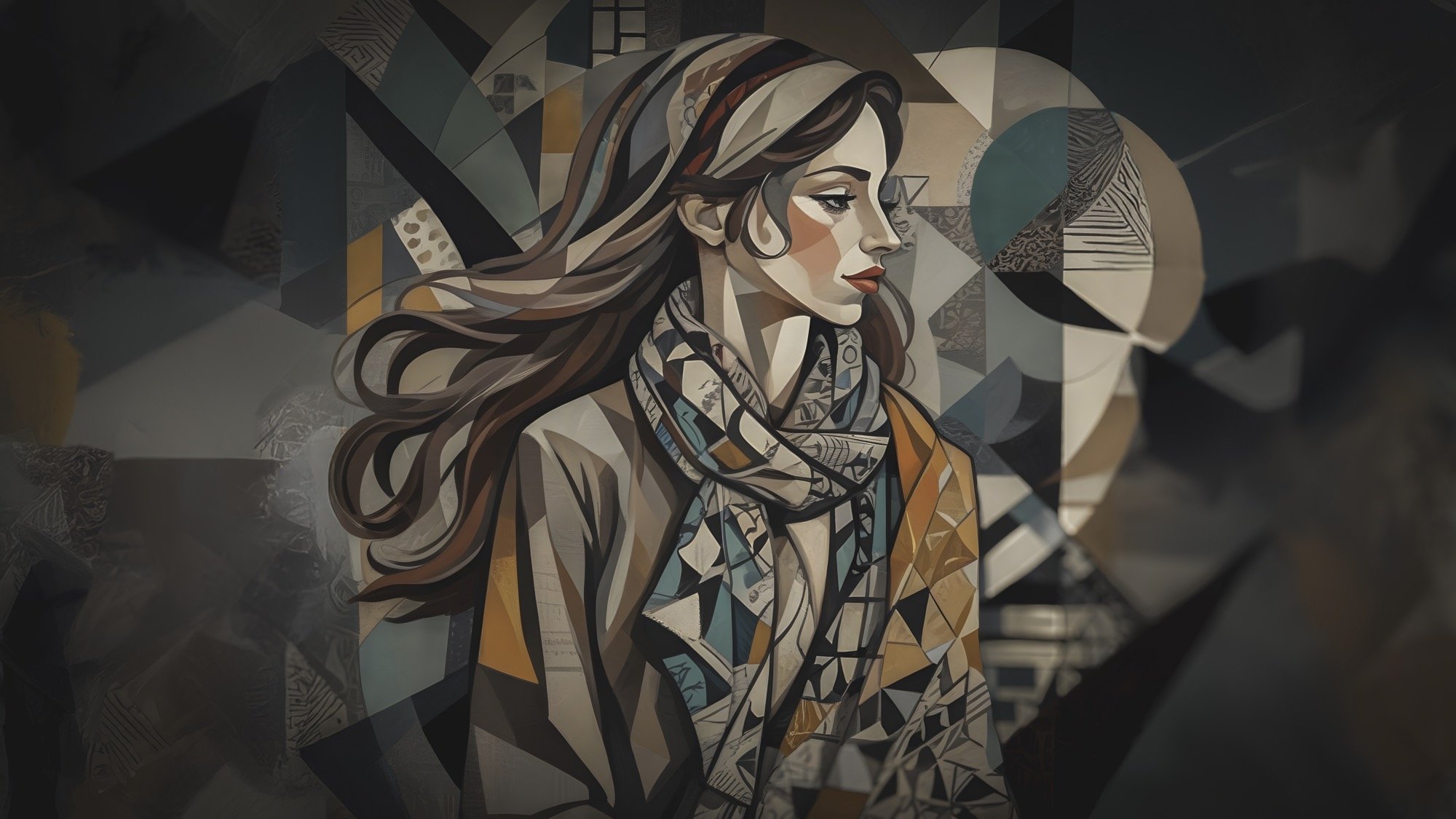 A piece of geometric art depicting a woman with flowing hair, with a pastel color palette and abstract background
