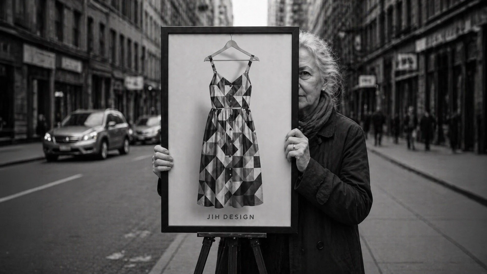 An elderly woman with curly gray hair holding a framed display of a dress in an urban street. The dress has a geometric pattern. The woman is partially obscured behind the frame, with her face visible on the right side of the image. The street is bus