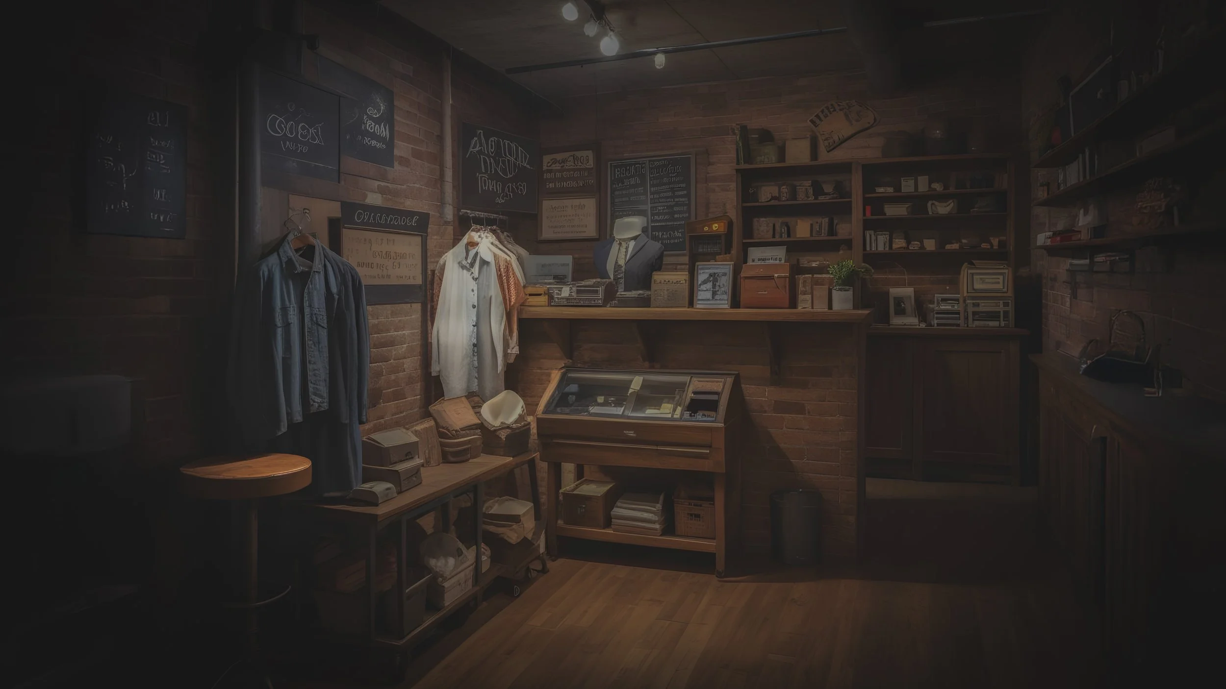 Interior of a vintage clothing store with brick walls, featuring shelves with books and decorative items, a glass display case, hanging clothing, and chalkboard menus on the wall.