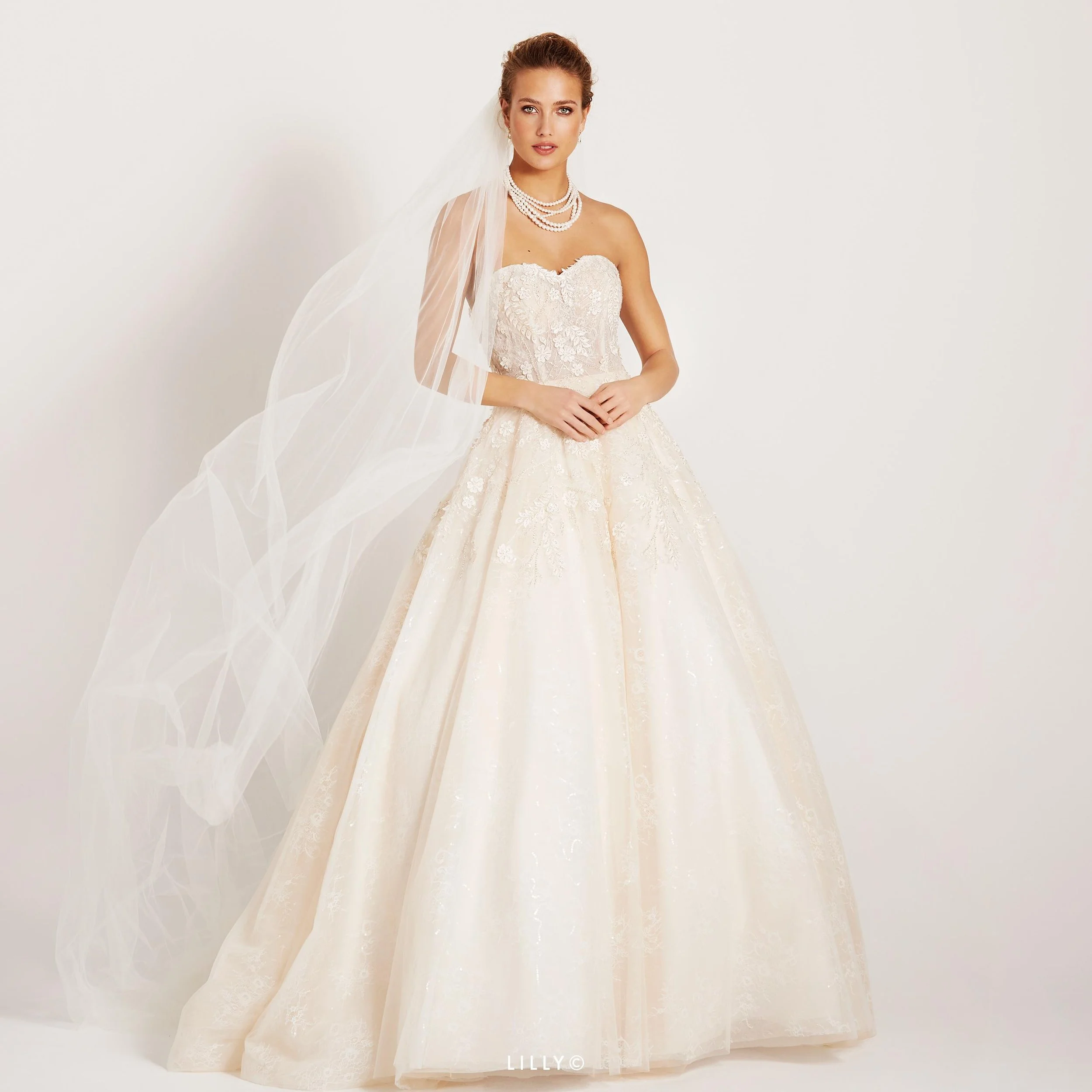 Nydelig tylldrøm med tubetopp og snøring i ryggen. Brudekjolen er i fargen nude, og har glitrende sølvfargede detaljer med paljetter og påsydde blomsterapplikasjoner i ivory. Denne brudekjolen er fra Lilly og er en av våre nye brudekjoler