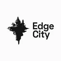 Black logo with a floating island and trees, and the text 'Edge City'