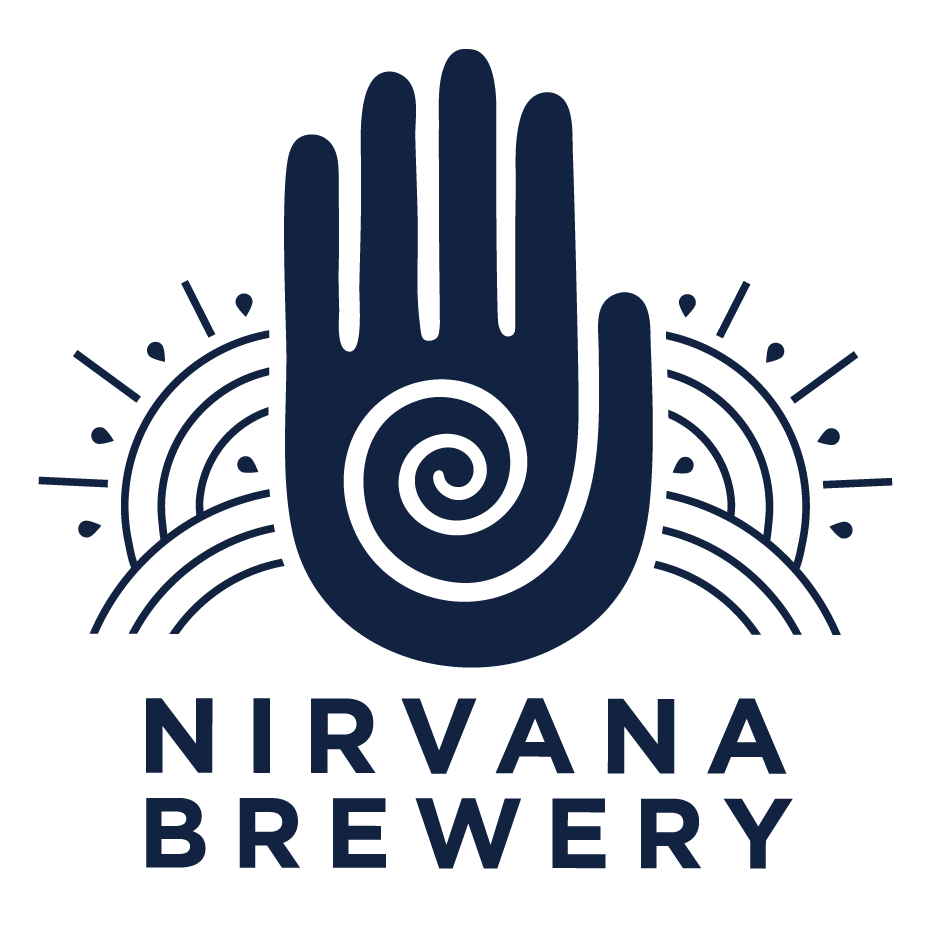 A stylized logo of Nirvana Brewery featuring a dark blue hand with a spiral on the palm, surrounded by abstract lines and dots, with the text "Nirvana Brewery" below.