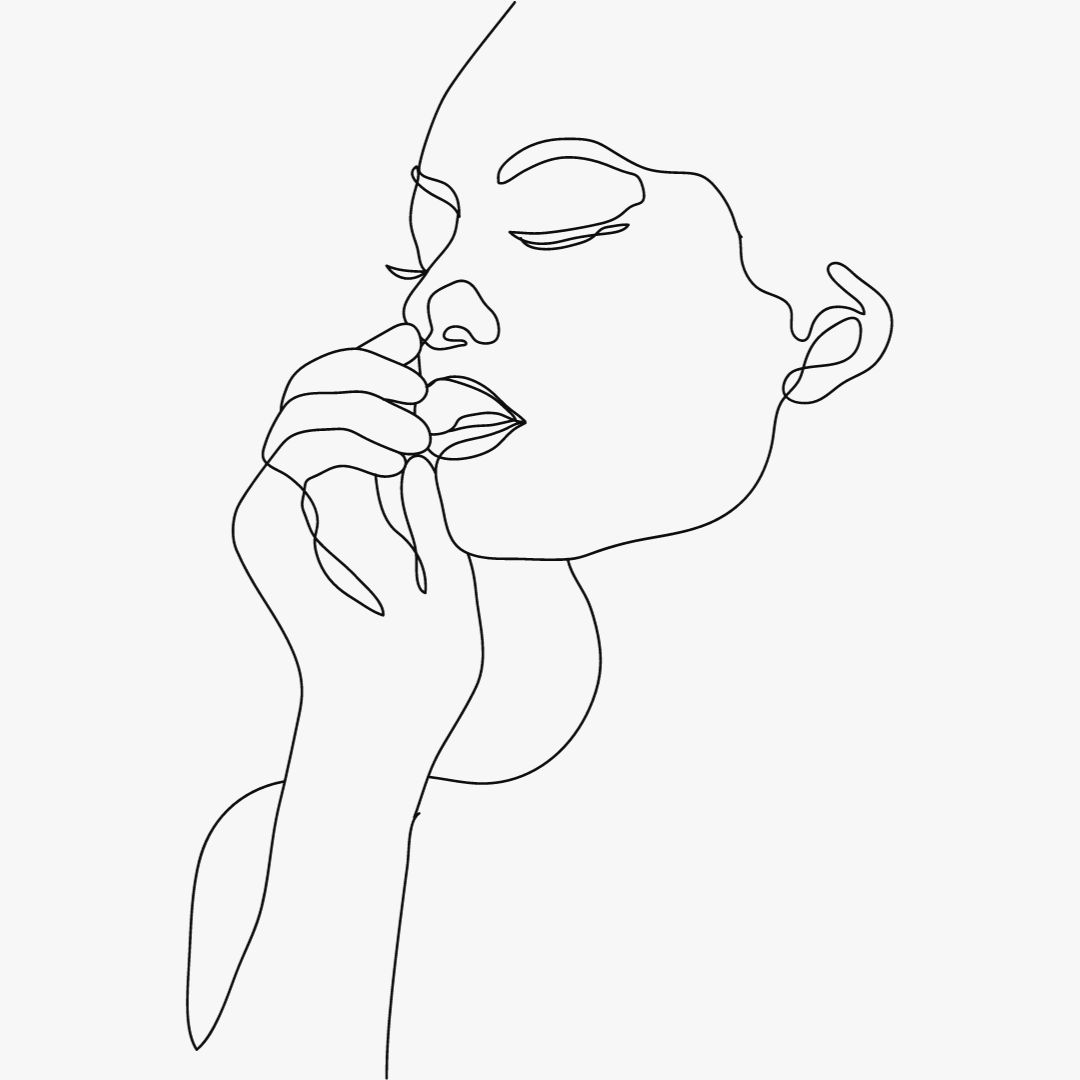 A minimalist line drawing of a woman with closed eyes, gently touching her lips with one hand, in black on a white background.