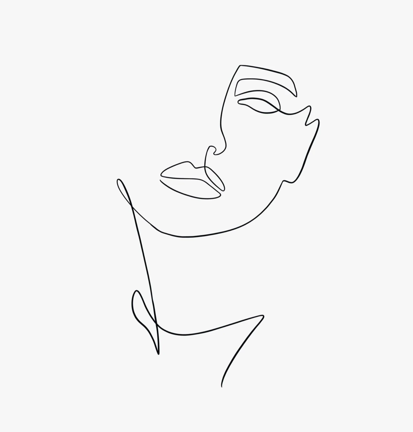 Minimalist line drawing of a woman's face and upper body on a light gray background.