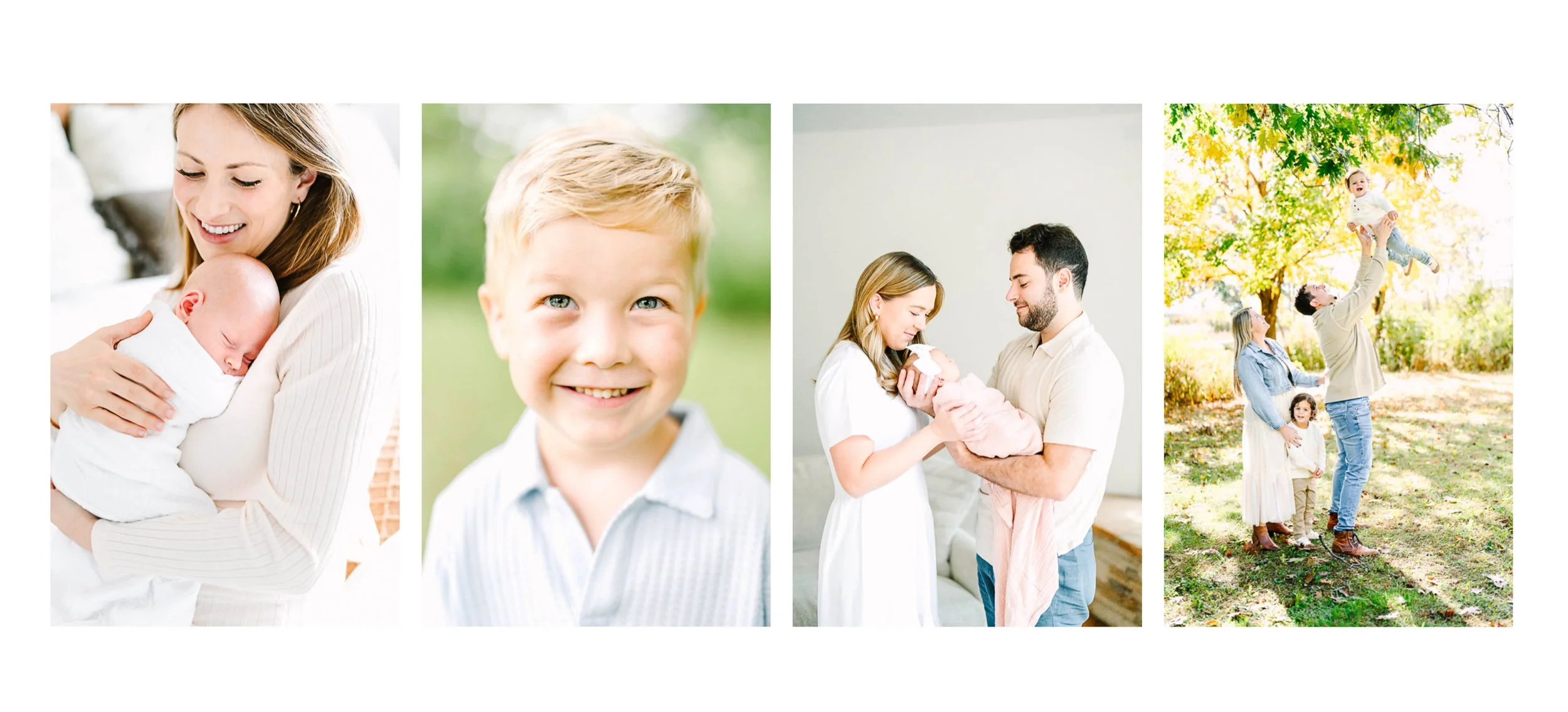 A collage of four photos capturing a family. The first shows a woman holding a sleeping baby, the second is a close-up of a smiling young boy outdoors, the third shows a woman and man holding a newborn baby inside, and the fourth depicts a family outdoors with a man lifting a child in the air under trees during fall.