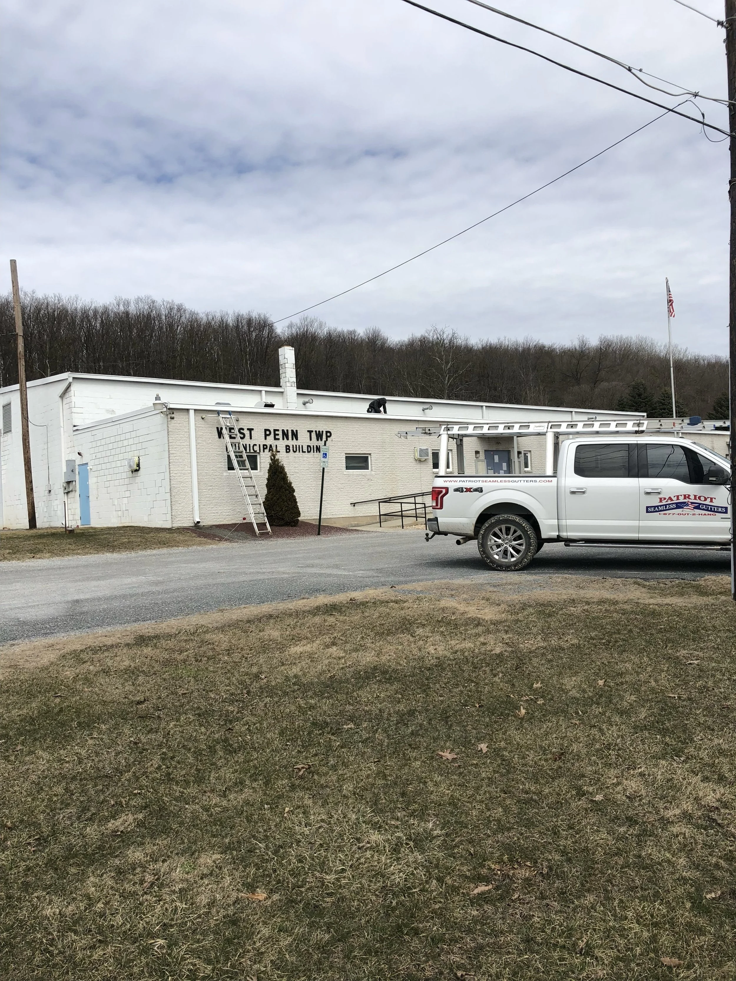 Commercial seamless gutter install at the West Penn Township building in Schuylkill County.