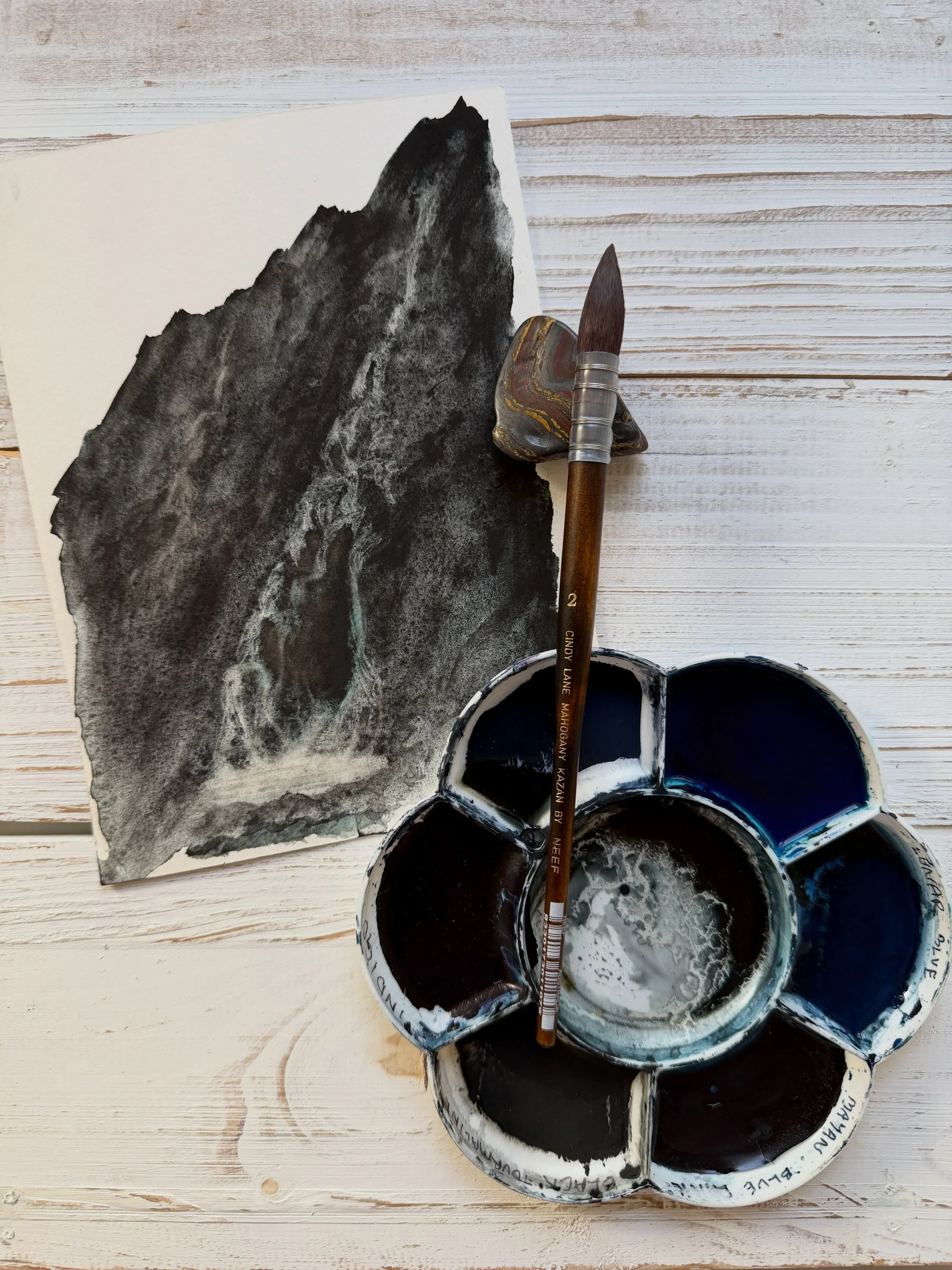 When an unexpected drip of paint becomes something bigger. Tried to scrub it out, created a waterfall and mountain tarn instead ⛰️ 
Happy accidents in the studio are always welcome 😊
Created with Lunar Blue watercolors by @danielsmithartistsmaterial