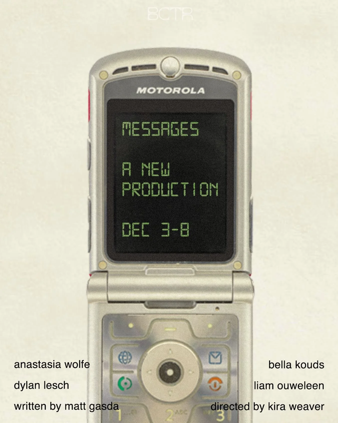 A new production of &ldquo;MESSAGES&rdquo;, Gasda&rsquo;s first work, returns to BCTR this December 3rd-8th ☎️ ❄️

@_anastasiawolfe as Maisie 
@d_lesch as Max 
@lavitaetbellaaa as Emily 
@spoopybill as David 

Production design by @mrc___art 
Directe