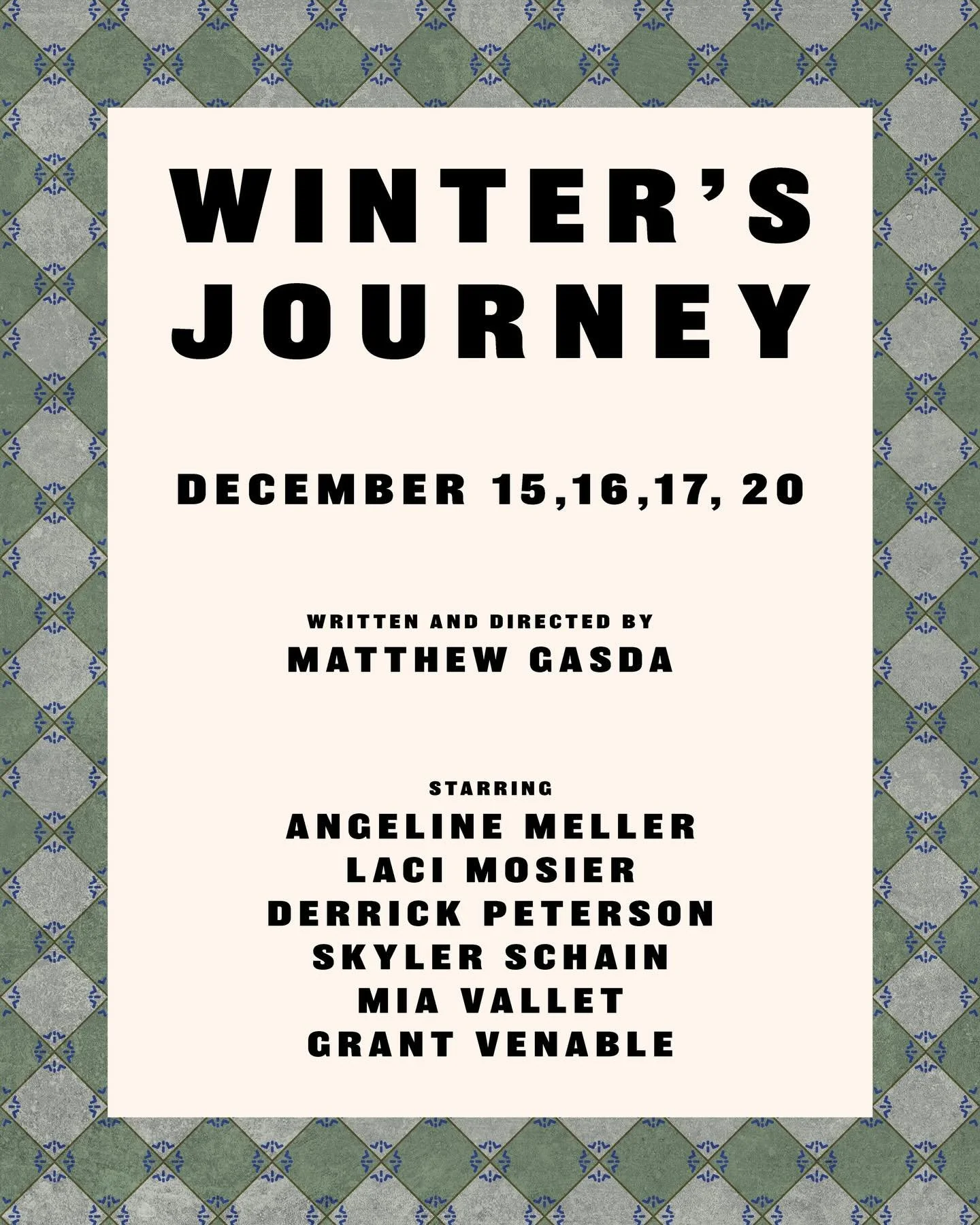 The snow has set in, let the WINTER&rsquo;S JOURNEY begin&hellip;
Opens tomorrow night at BCTR! 

Dec 15th - 20th
Ticket link in bio ❄️ 
Use code &ldquo;ig&rdquo; for 25% off!

Written and Directed by Matthew Gasda
Starring: 
Angeline Meller @angieme