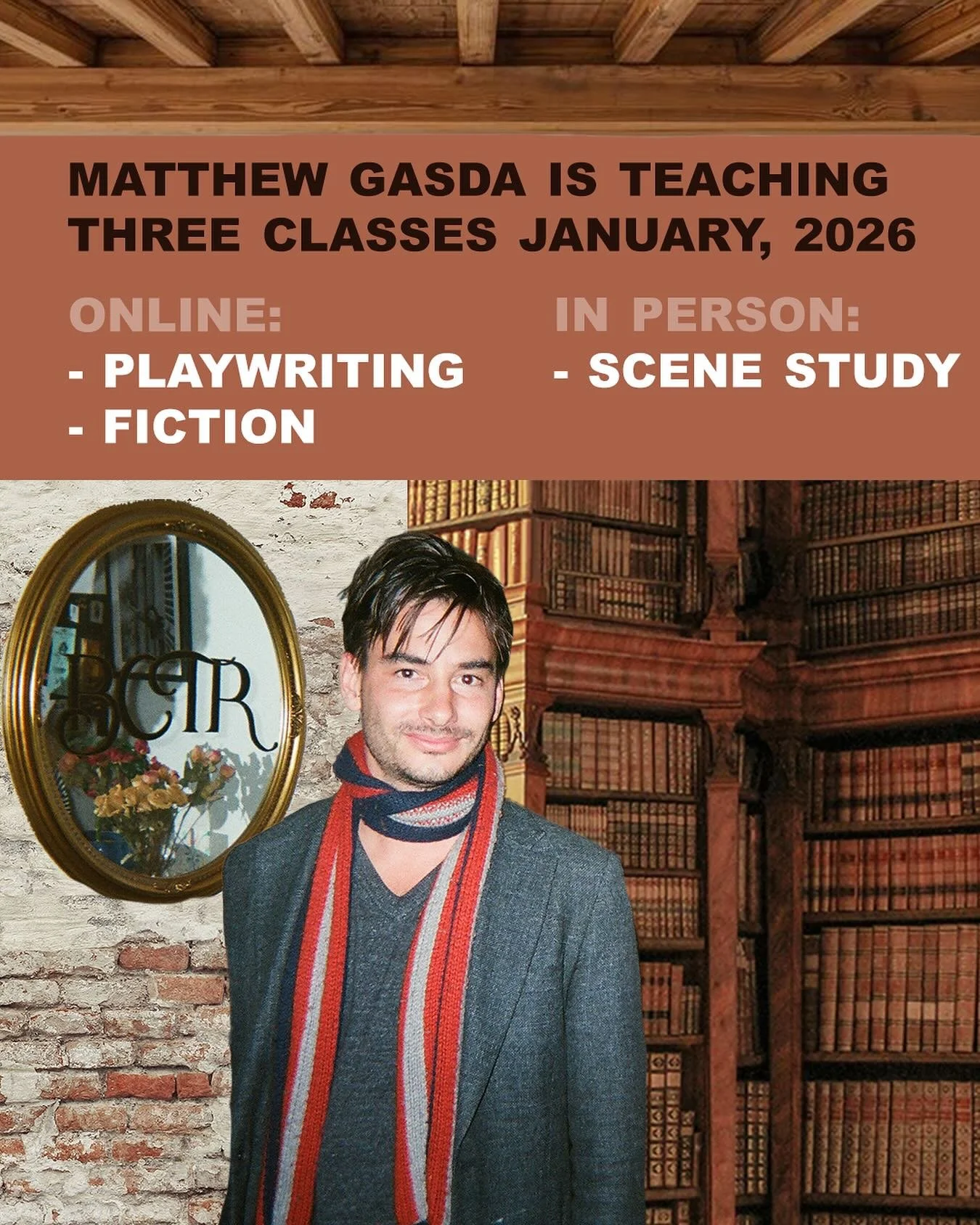 GASDA IS BACK! Teaching three classes this January:

Online Playwriting Workshop (Tuesdays)
Online Fiction Workshop - The First 50 Pages (Wednesdays)
In person ACTING: Scene Study (Sundays)

Sign up at the website link in our bio brooklyncenterforthe