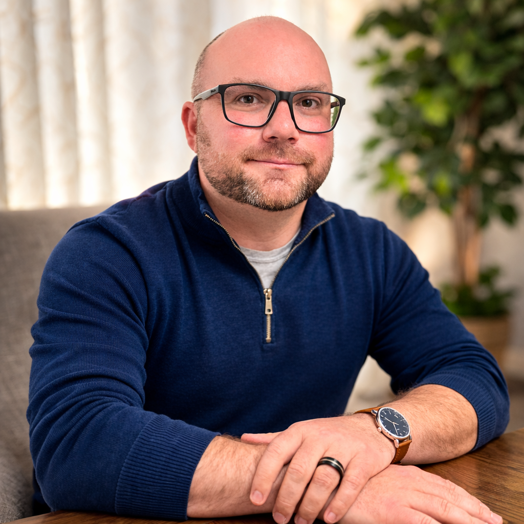 Ryan is wearing a navy blue sweater and black plastic rimmed glasses. He is smiling at the camera and looks friendly and confident. 