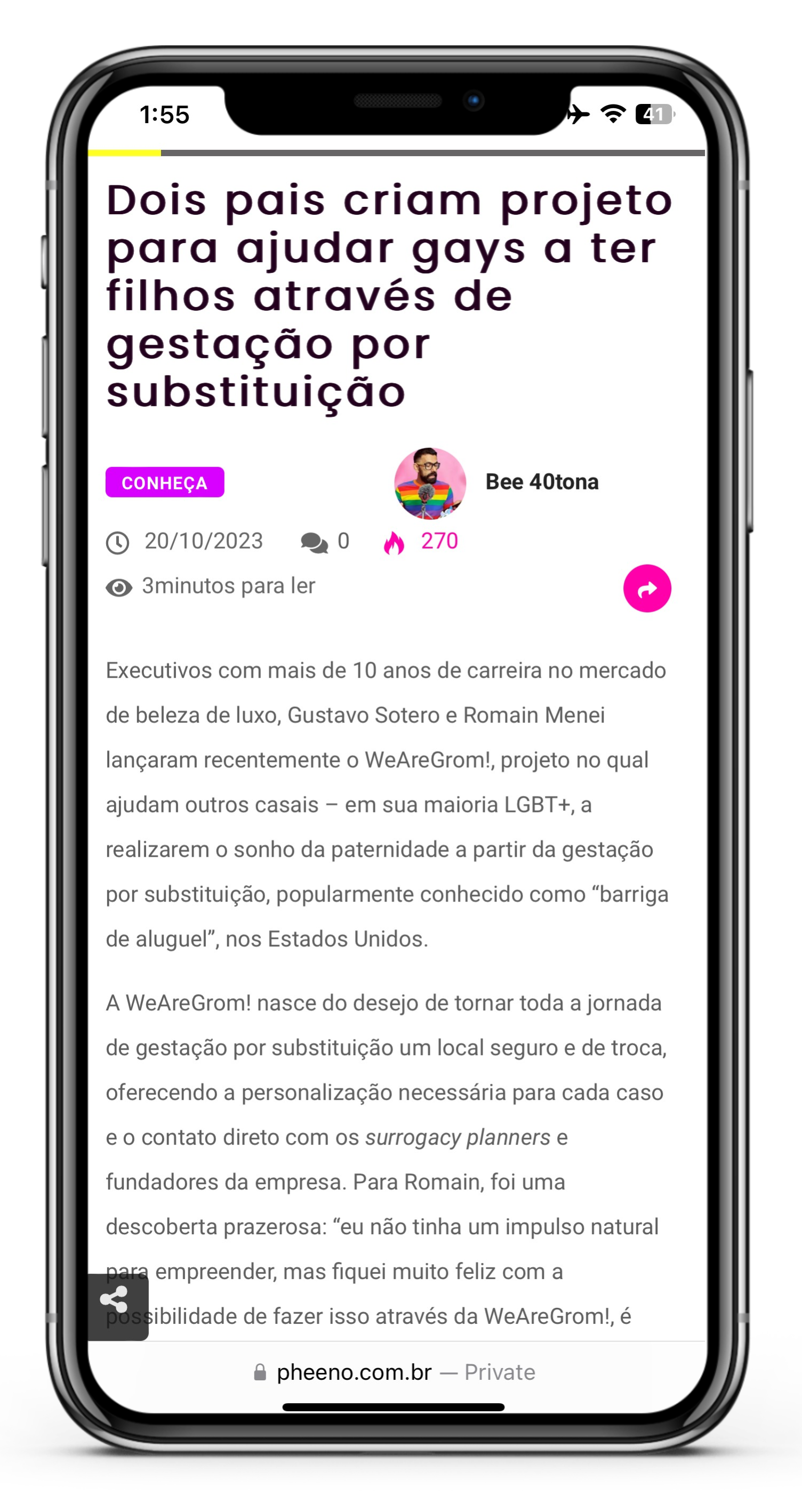 Capture d'écran d'un téléphone portable montrant un article de presse sur Romain Menei et Gustavo Sotero qui lancent un projet appelé WeAreGrom! pour aider les couples de même sexe à avoir des enfants grâce à la GPA, destiné à la communauté LGBT+.