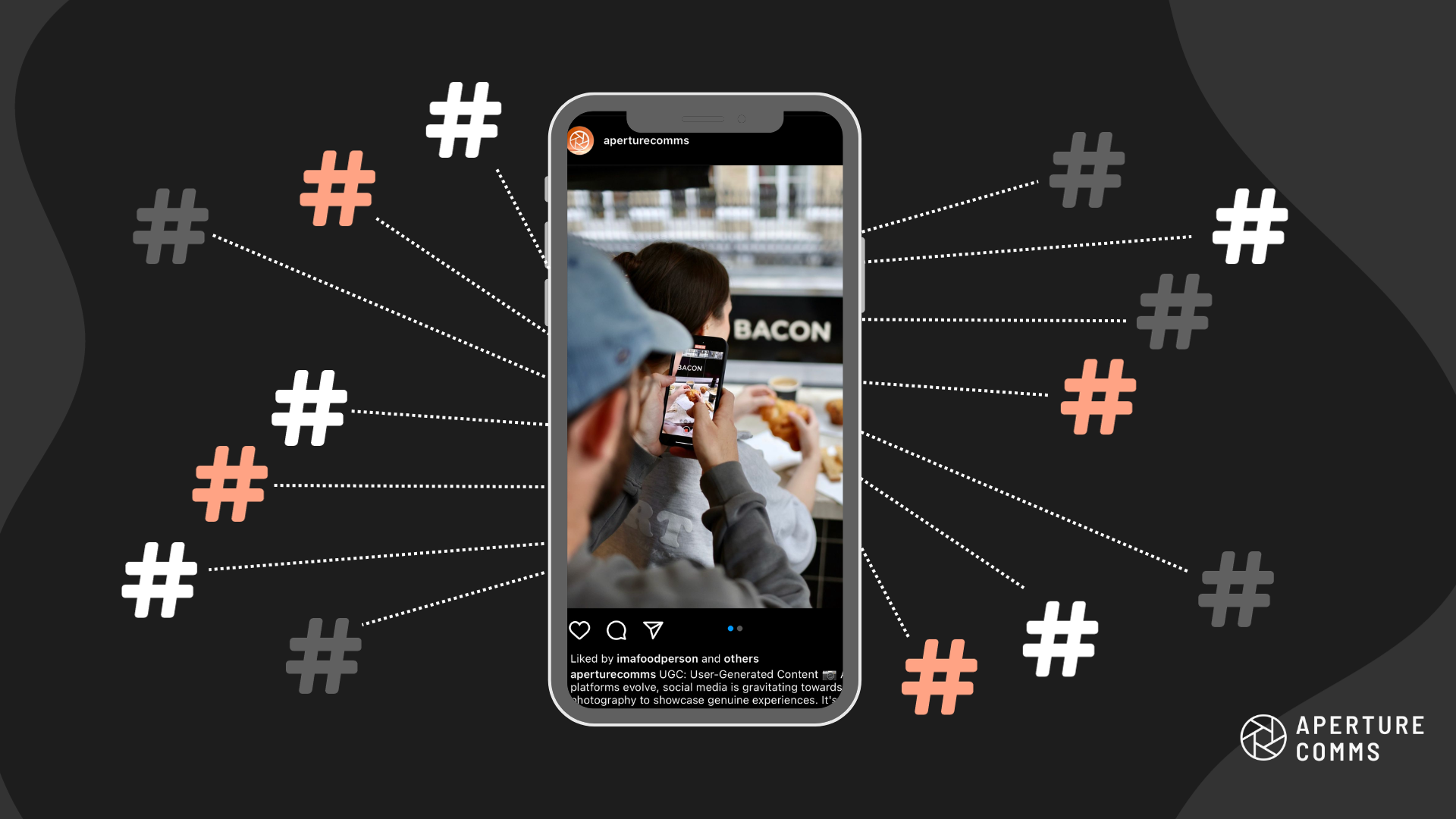 phone in the centre with hashtags coming out from all sides.