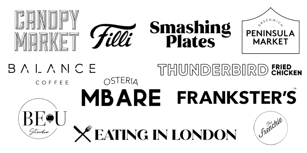 Logos of various food and market brands, including Canopy Market, Filli, Smashing Plates, Peninsula Market, Balance Coffee, Thunderbird Fried Chicken, Osteria Mbare, Frankster's, BEU Studio, Eating in London, and The Frenchie.