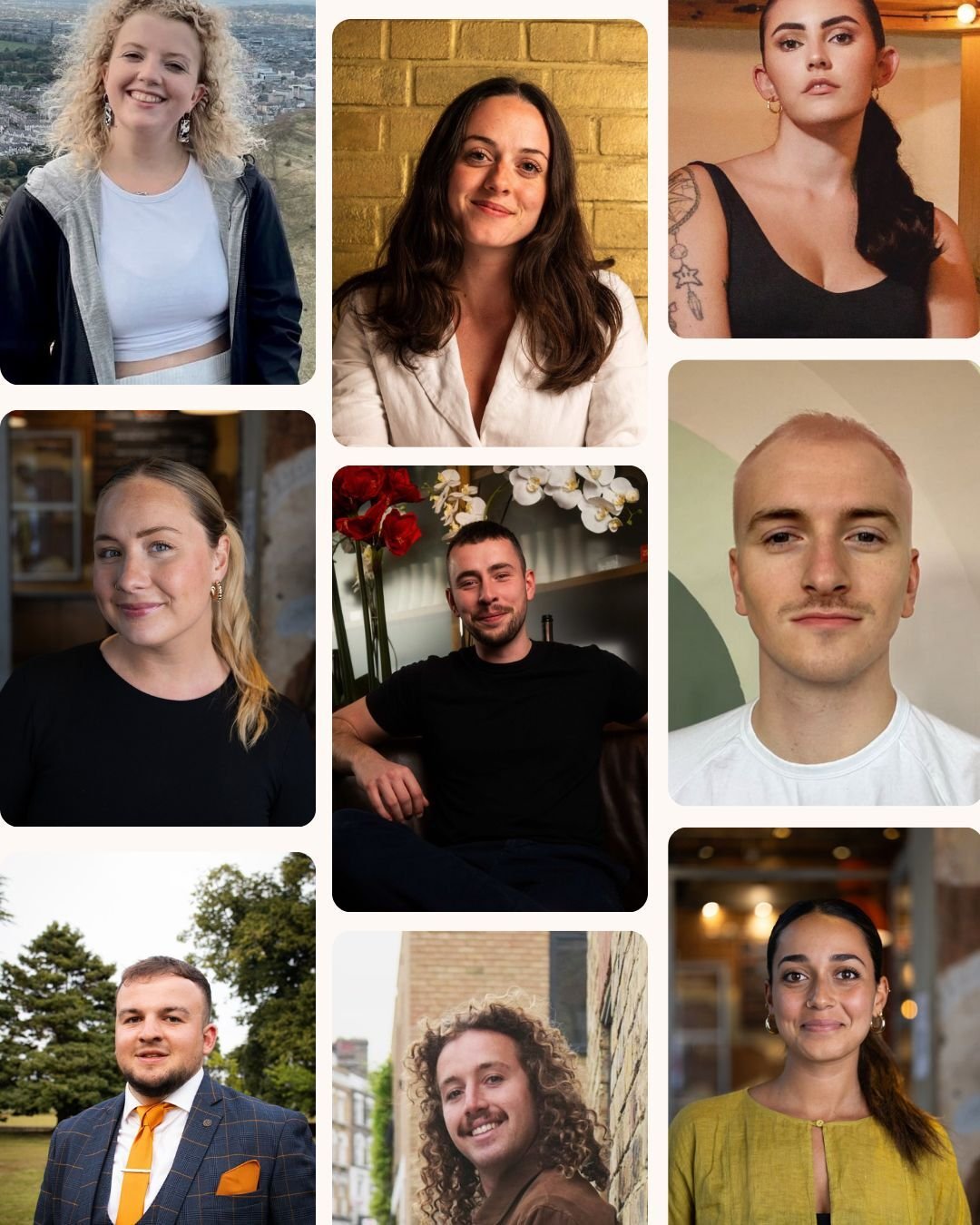 A collage of nine diverse individuals, each in a separate frame, showcasing varied expressions and backgrounds. The images include a mix of genders and are set against different backdrops, such as urban outdoor settings and warmly lit indoor environments.