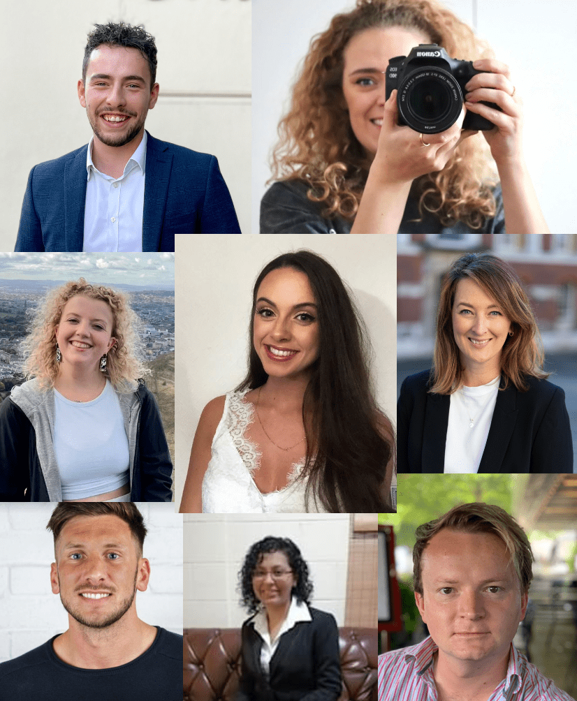 Collage of smiling individuals in various settings, including a person with a camera. Mix of indoor and outdoor locations.